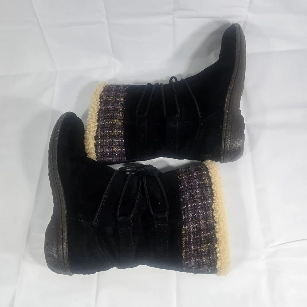 UGG Australia Shearling Winter Boots Women Size 9 Black Suede Lace-Up Mid-Calf